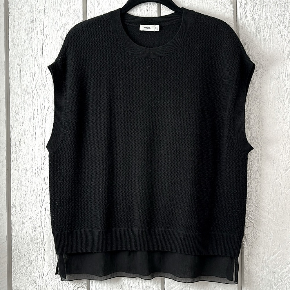 Vince Perforated Cashmere with Mock Silk Layer Dolman Sleeve Sweater Top